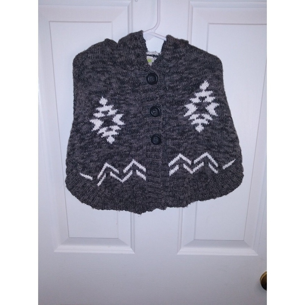 Oshkosh Hooded Sweater Knit Poncho Girls Size 12 Months Gray Aztec Button Up